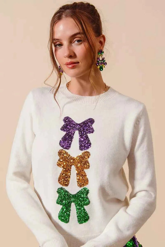 Mardi Gras Sequins Bow Ribbon Embellished Sweater dce517428e6540bb818390d294c4eaec-Max-Origin