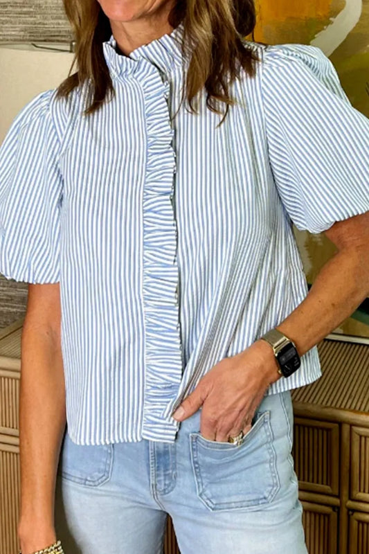 Striped Ruffle Short Bubble Sleeve Shirt Light Blue