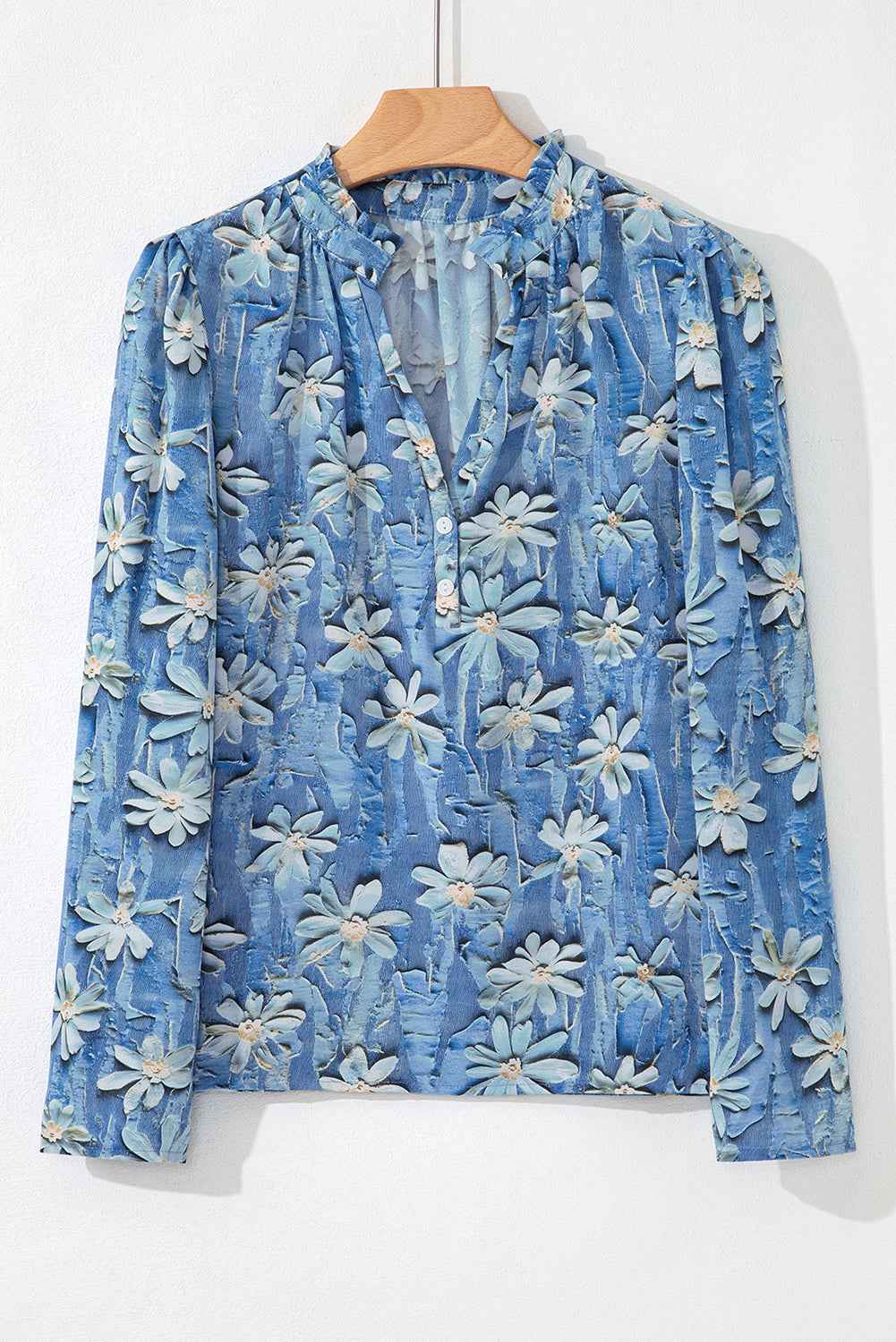 Sky Blue Fall Floral Half Placket Collared V Neck Blouse dce9da41238e7612
