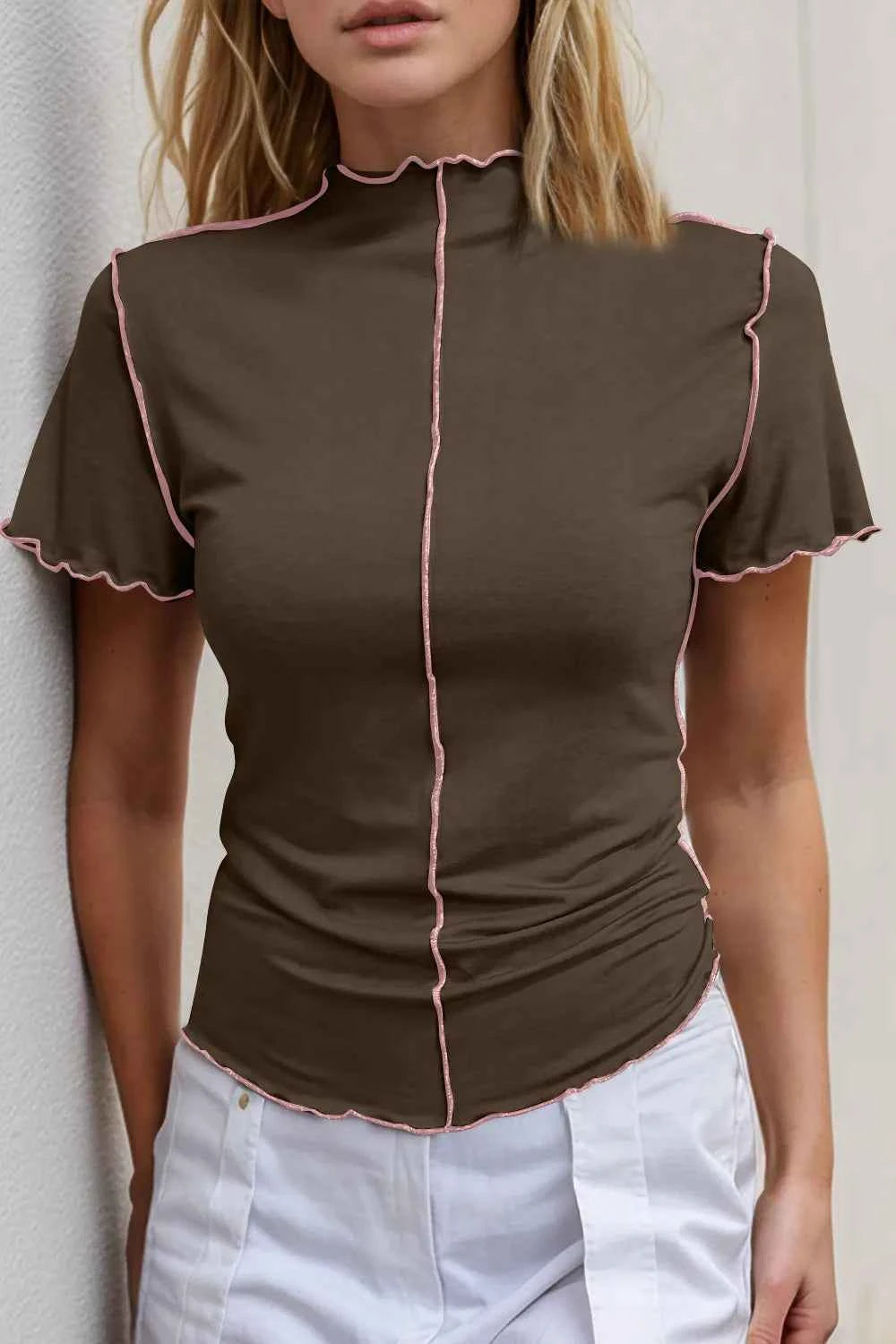 Basic Bae Contrast Trim Mock Neck Short Sleeve T-Shirt dcecef0b-33ed-42fe-85fe-42370a96fff5-Max