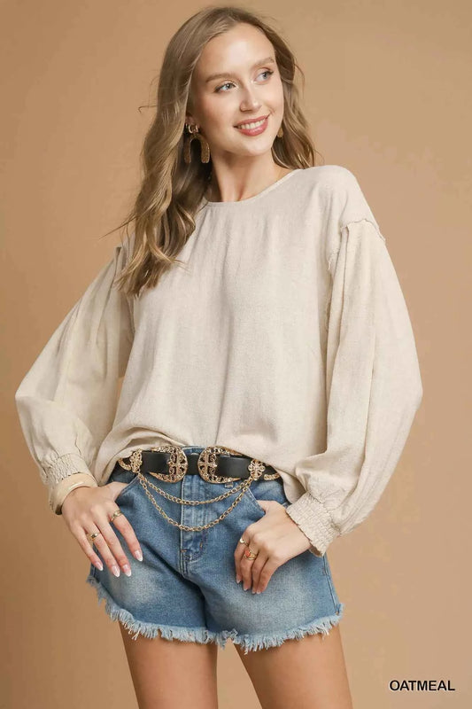 Umgee Linen Scallop Hem Long Sleeve Blouse OATMEAL dced31d2-1297-42bc-a728-3b891172cf05-Max-Origin