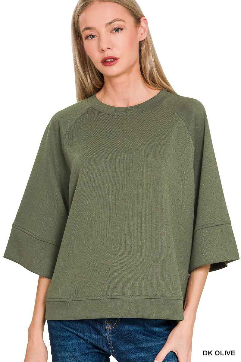 Zenana Scuba 3/4 Sleeve Pullover DK OLIVE dcef6c949c554dd2801dbf122c81265d-Max