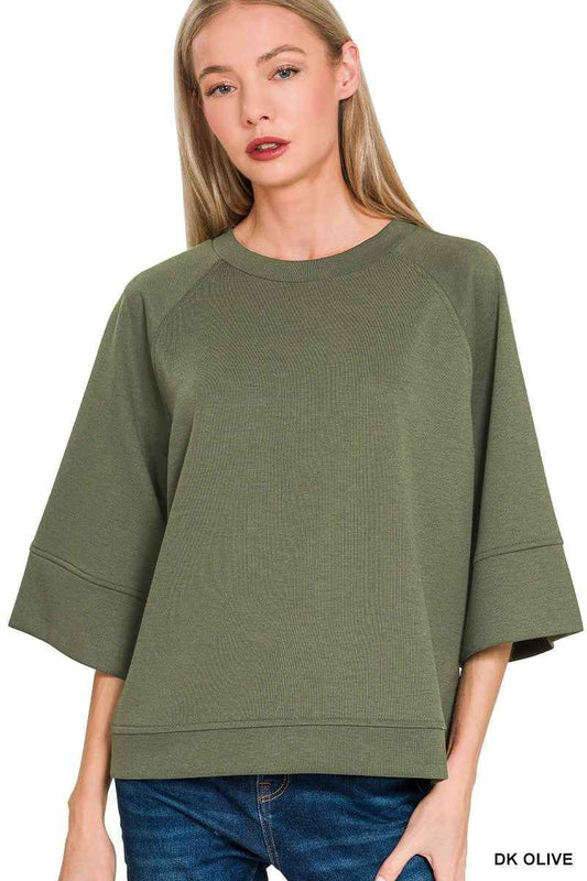 Zenana Scuba 3/4 Sleeve Pullover DK OLIVE dcef6c949c554dd2801dbf122c81265d-Max