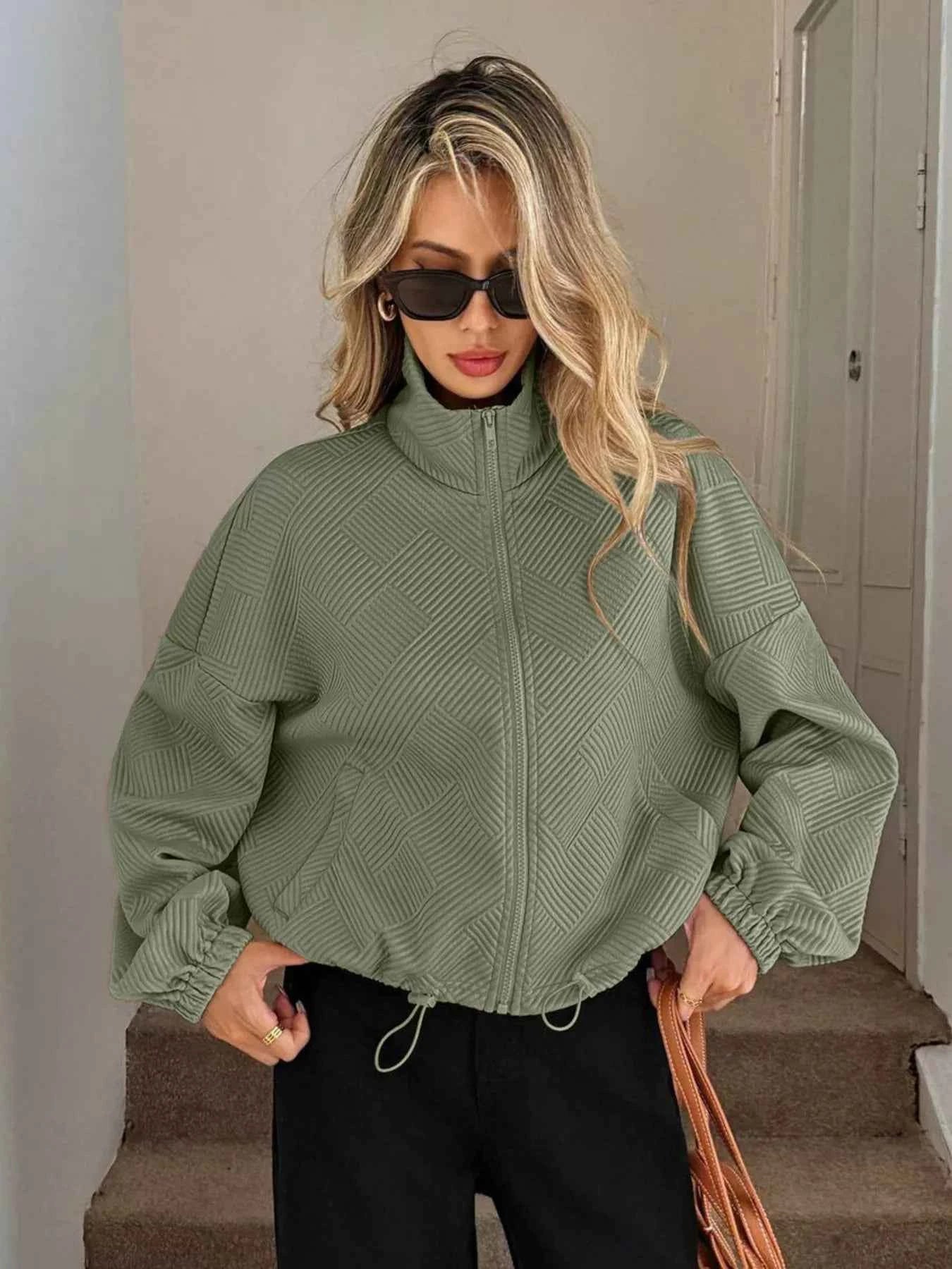 Drawstring Hem Textured Long Sleeve Jacket dcf349d013344de2ad71c0e79ce6e2c4-Max-Origin