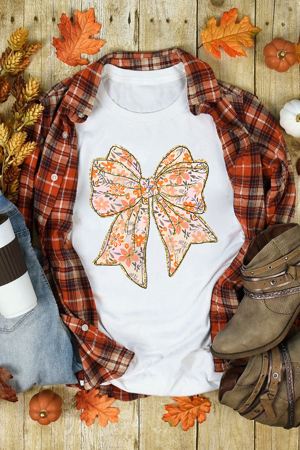 White Glitter Trim Floral Bow Heat Transfer Printing Cotton Blend T Shirt dcf4c9d1aaa4bda5