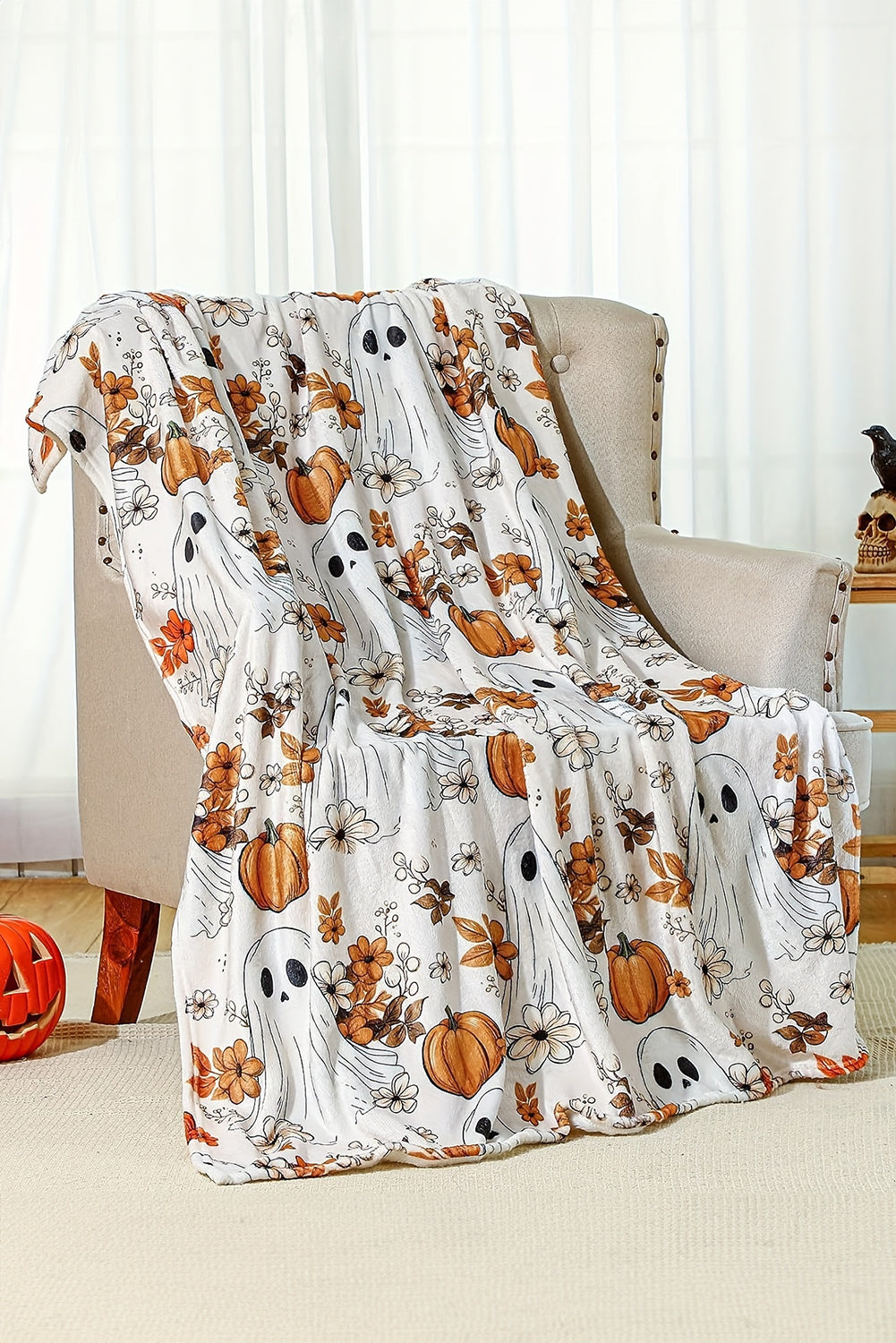 Orange Halloween Ghost Pumpkin Flower Throw Blanket dcf579c4cfbe49df