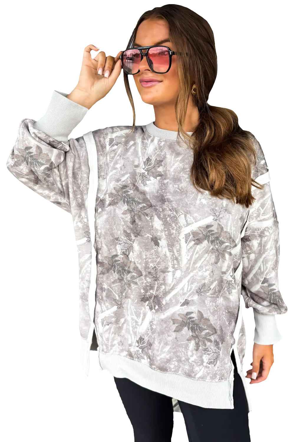 Gray Leafy Print Contrast Trim Patchwork Baggy Slit Sweatshirt dcf794fb144993fd