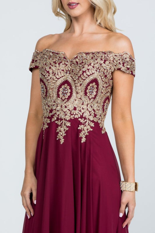 Off Shoulder Evening Gown – Gold Lace Appliqué Chiffon Dress for Women dcf79d65-b813-42c3-a558-71ce79b8c1b5