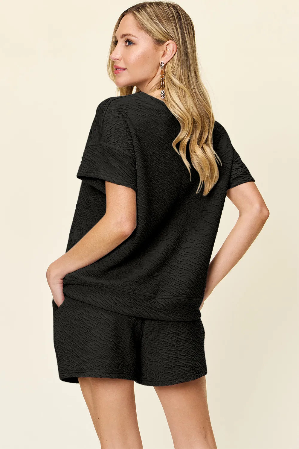 Double Take Full Size Texture Short Sleeve T-Shirt and Drawstring Shorts Set dcfc37b9-27fe-4dd3-b8ff-30615e6947cc-Max