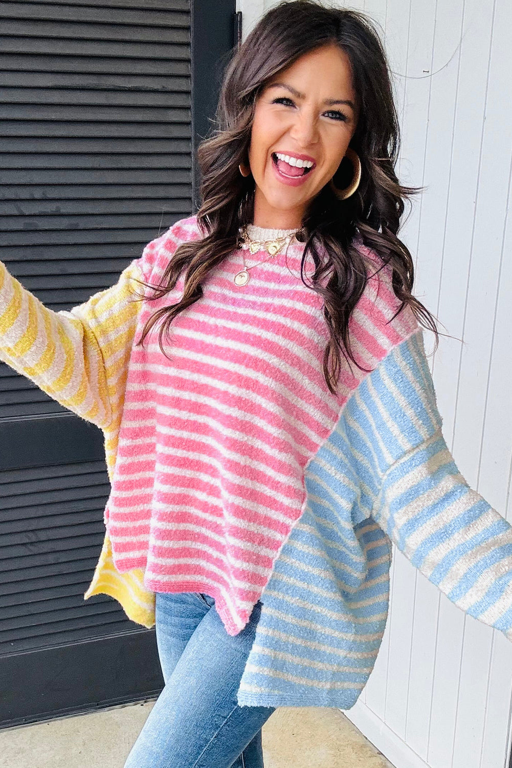 Multicolour Colorblock Striped Patchwork Dolman Sleeve Slit Sweater dcff12deef104f82