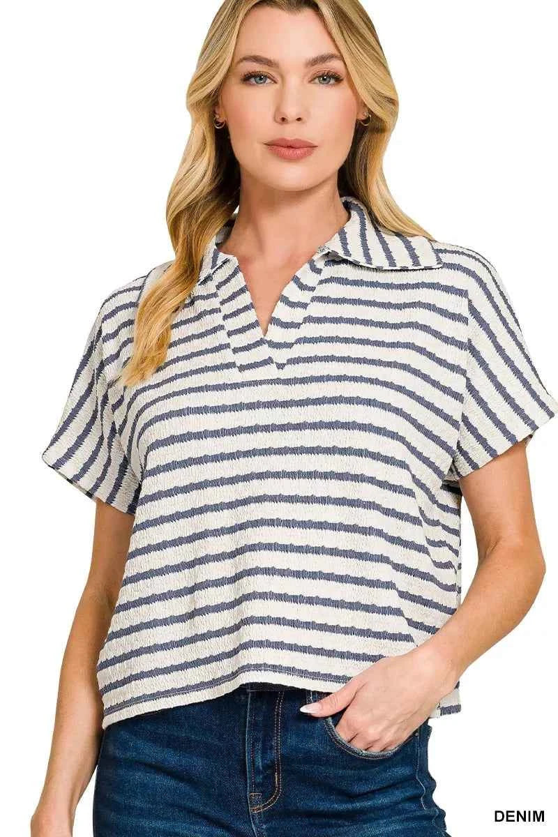 Zenana Striped Split Neck Collared Top DENIM dcff17251c93400fa5d66ff013622cd5-Max-Origin
