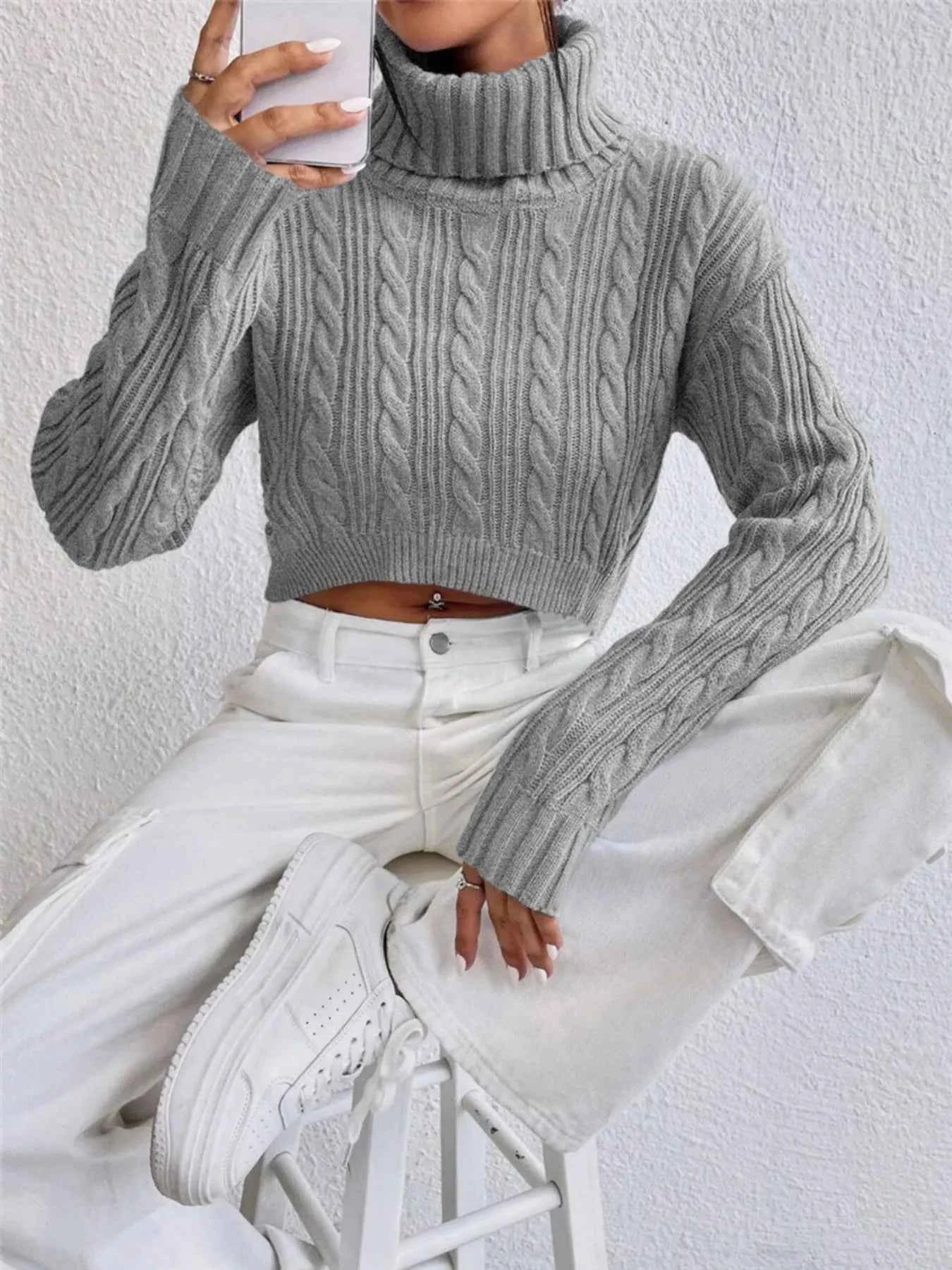 Cable-Knit Turtleneck Long Sleeve Sweater Gray dcff50cb1f9a43d8898b9ae9e78921c2-Max-Origin