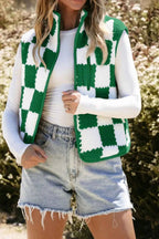 Checkerboard Fleece Sherpa Vest Coat Dark Green dd07f41f-cecc-4068-a033-9ff2c9210078-Max-Origin