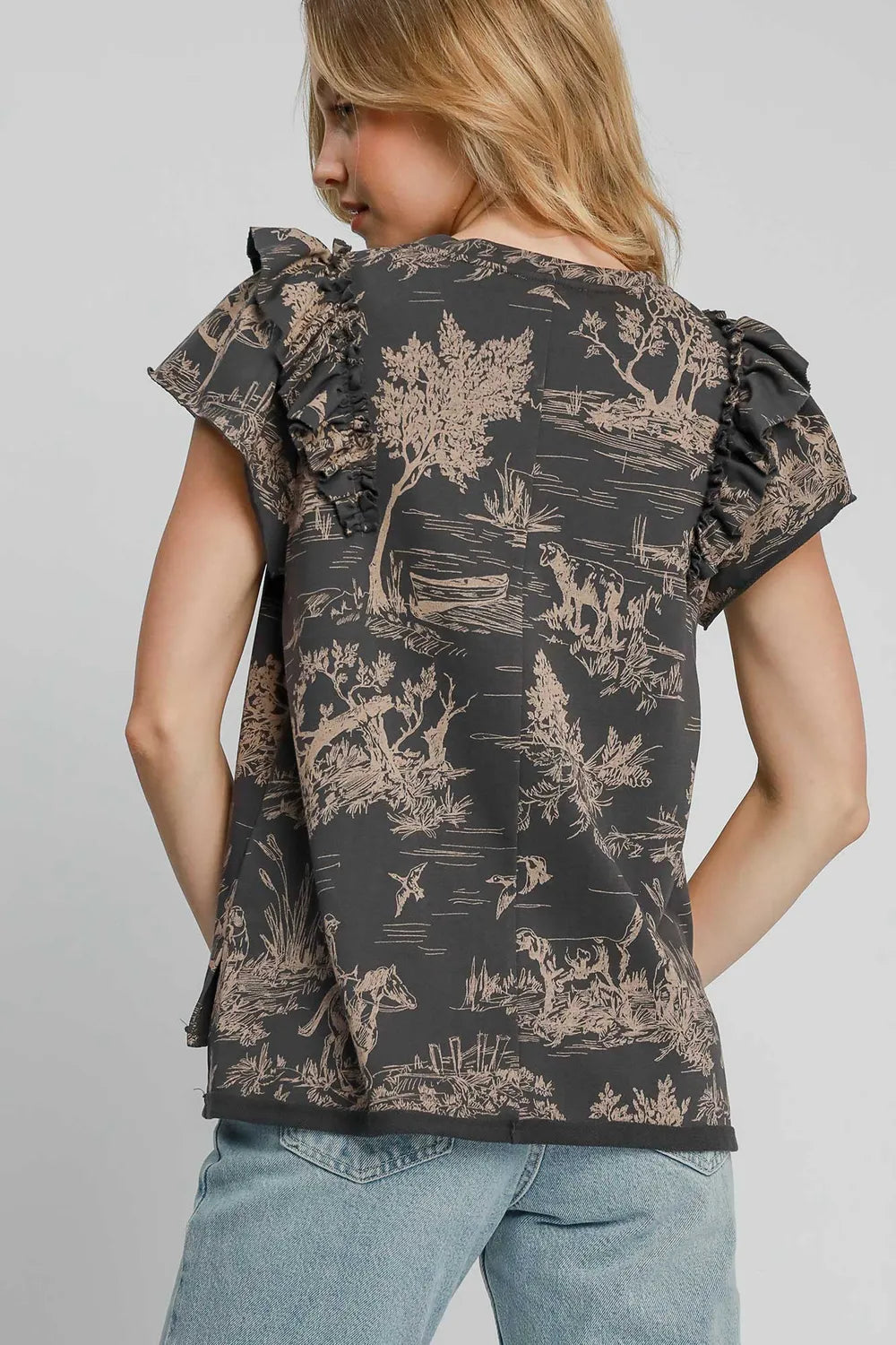 Umgee Ruffled Landscape Print Short Sleeve French Terry Top dd0edd1d-f68d-4487-9b48-2a20f7014be1-Max