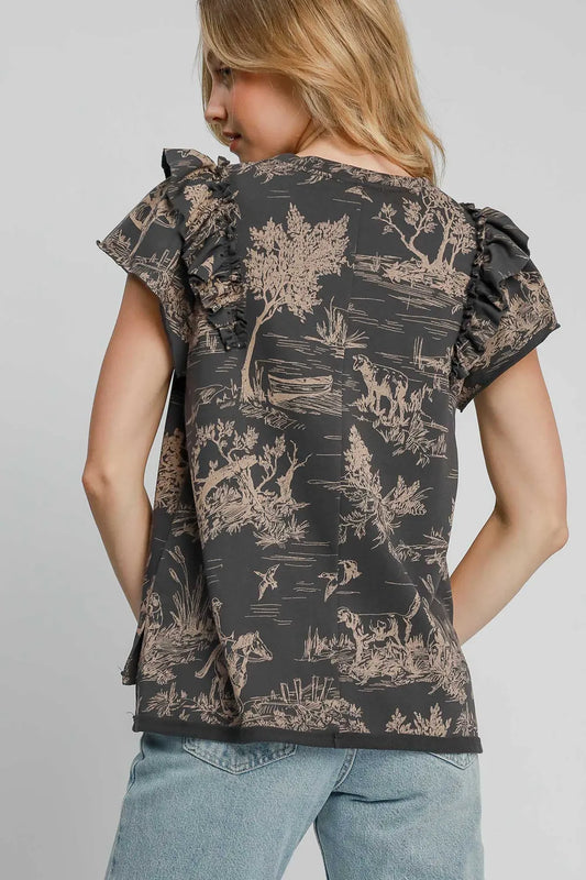 Umgee Ruffled Landscape Print Short Sleeve French Terry Top dd0edd1d-f68d-4487-9b48-2a20f7014be1-Max