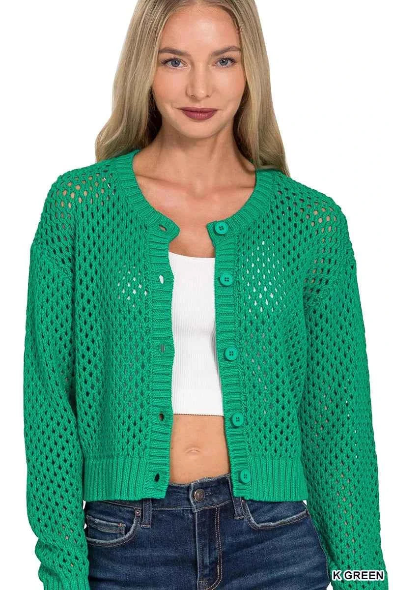 Zenana Button Down Lightweight Crochet Cardigan Sweater K GREEN dd1269a60b1b4cdc8abbc441dcda8d91-Max-Origin