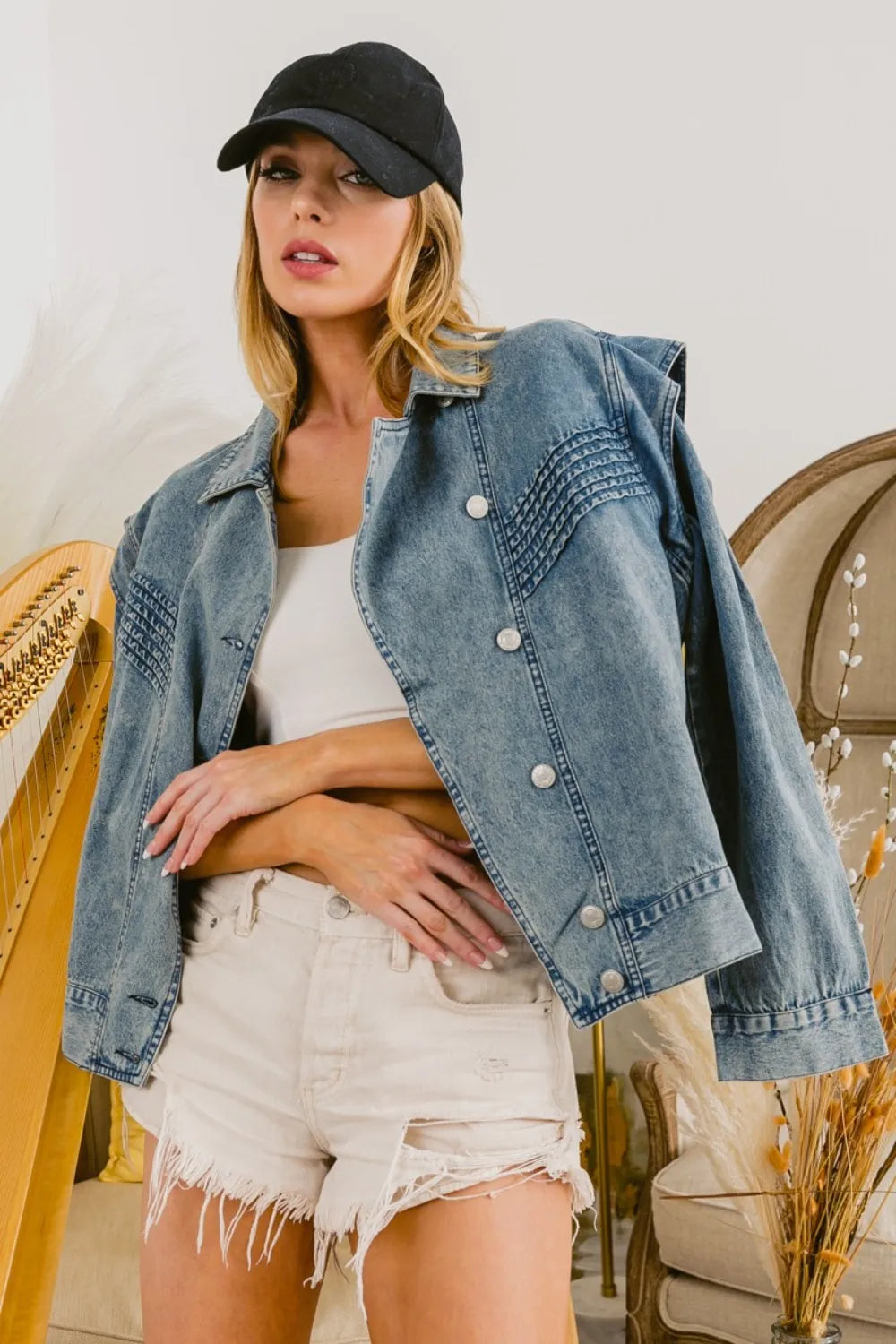 BiBi Button Up Long Sleeve Denim Jacket DENIM dd1b649b-2d34-425e-b3de-57d862fc7461-Max