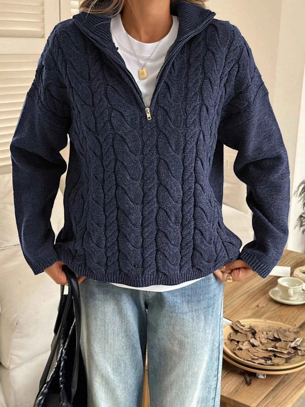Zip Collar Cable-Knit Sweater dd1d86281da44a2eb4ad1382f892e1c9-Max-Origin