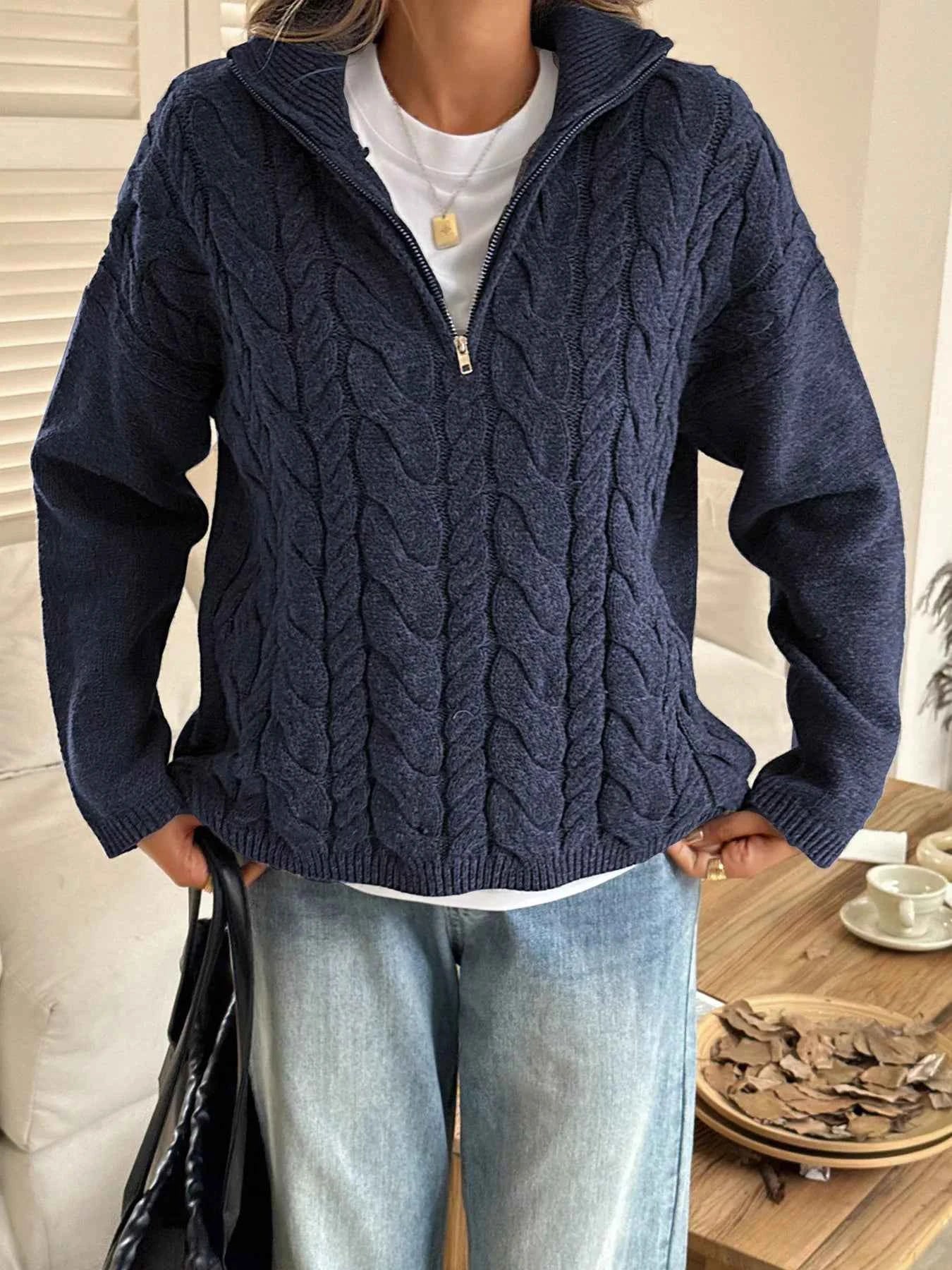 Zip Collar Cable-Knit Sweater dd1d86281da44a2eb4ad1382f892e1c9-Max-Origin