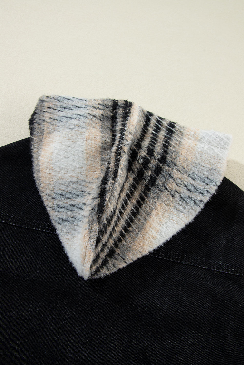 Black Patchwork Plaid Sleeve Frayed Hem Hooded Denim Jacket dd25a7c3fc92cf1f