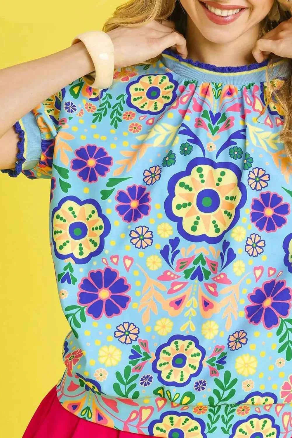 Umgee Retro Floral Puff Sleeve Top Navy dd34b4f3-f3ad-431c-8472-1f47dca4799e-Max-Origin