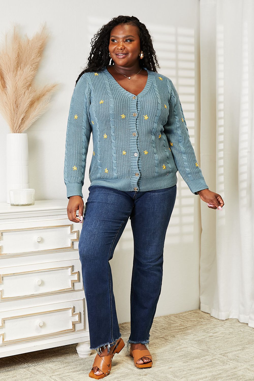 HEYSON Full Size Floral Embroidered Cable Cardigan dd398a0b2c734181a9931f6f18a24008-Max