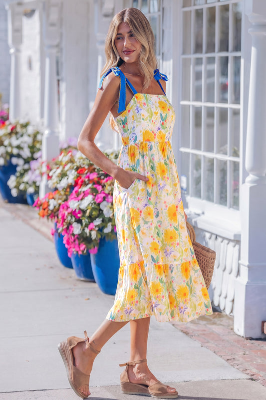 Yellow Floral Print Contrast Stitched Knot Denim Straps High Waist Dress dd445fbfd4d992da