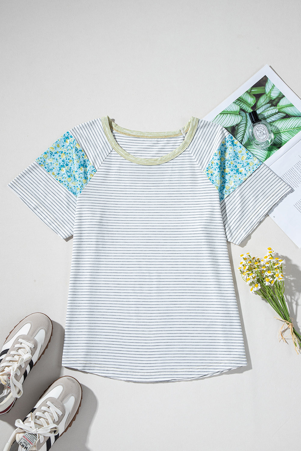White Striped Floral Patchwork Sleeves Contrast Round Neck T Shirt dd46c3eb850131bd