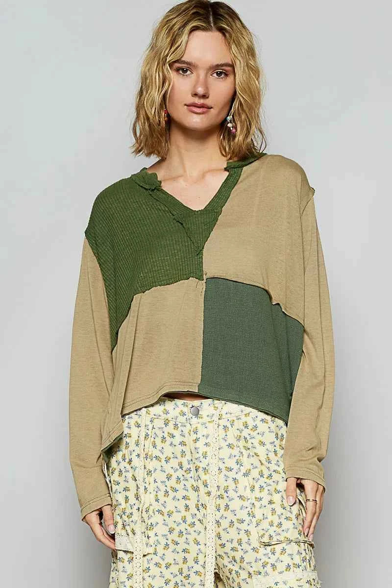 POL Color Block Notched Long Sleeve T-Shirt dd4aa285-e560-4a7b-9afb-864dea2f85ea-Max-Origin