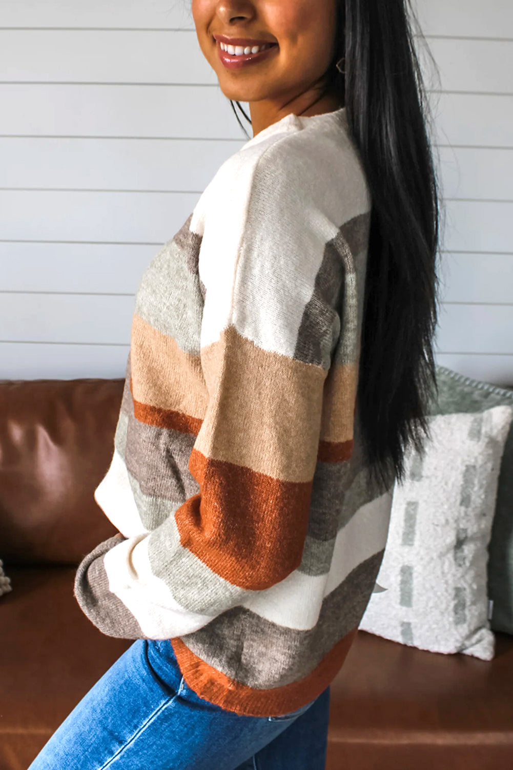 White Colorblock Striped Round Neck Drop Sleeve Sweater dd4b8e6f1d0b43f2