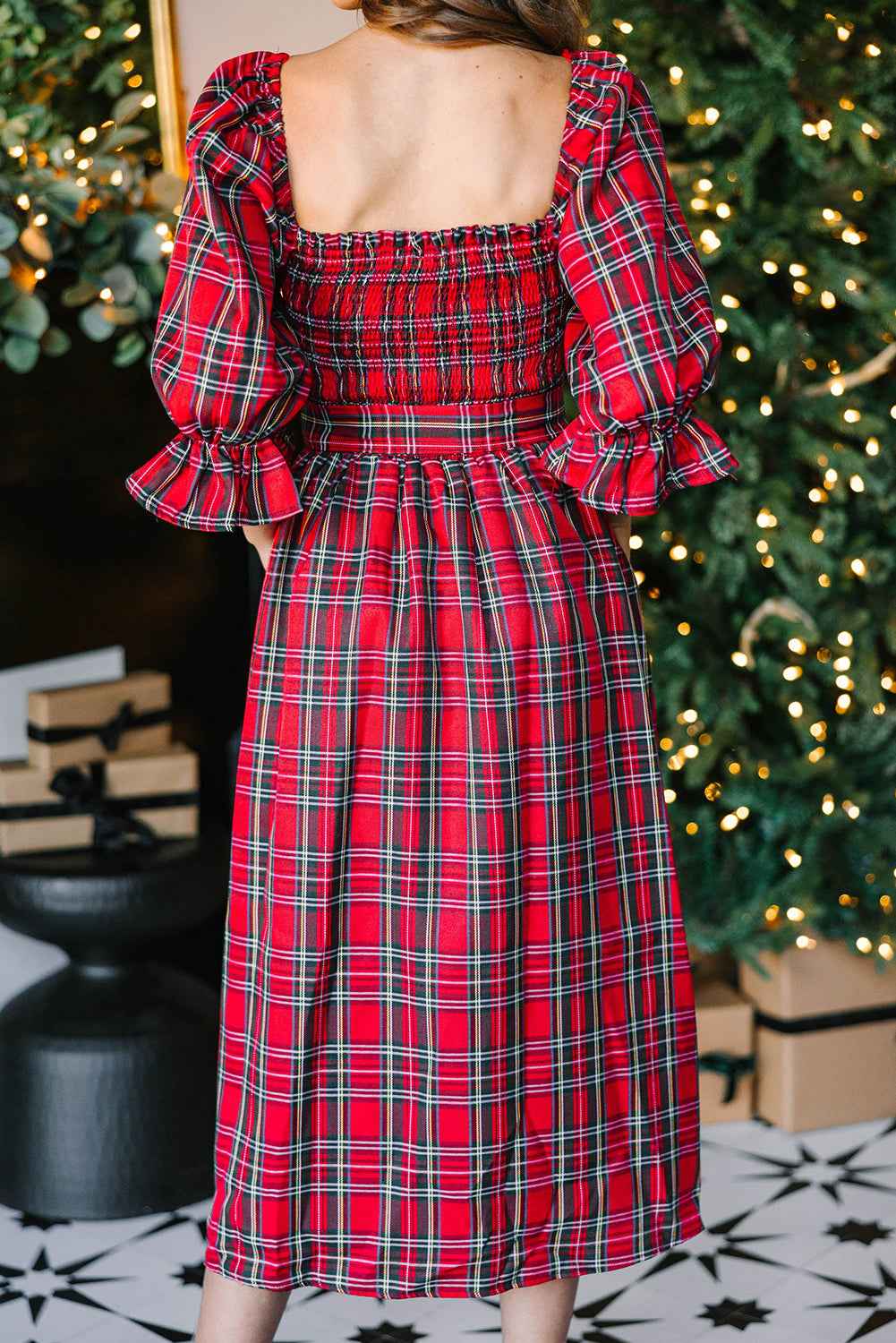 Red Plaid Square Neck Puff Sleeve Bowknot Waist Flared Midi Dress dd52394bd6b81a8b