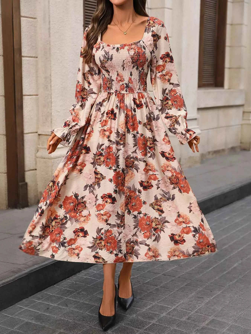 Smocked Floral Print Flounce Sleeve Dress dd53e563-67a4-4d13-8c32-43eade5cb5f4-Max-Origin