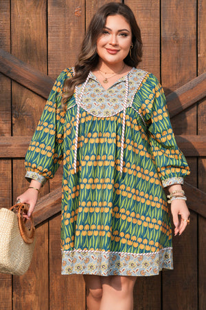 Green Plus Size Mixed Floral Print Striped Trim Loose Mini Dress Green 100%Cotton dd5a00449deaa207