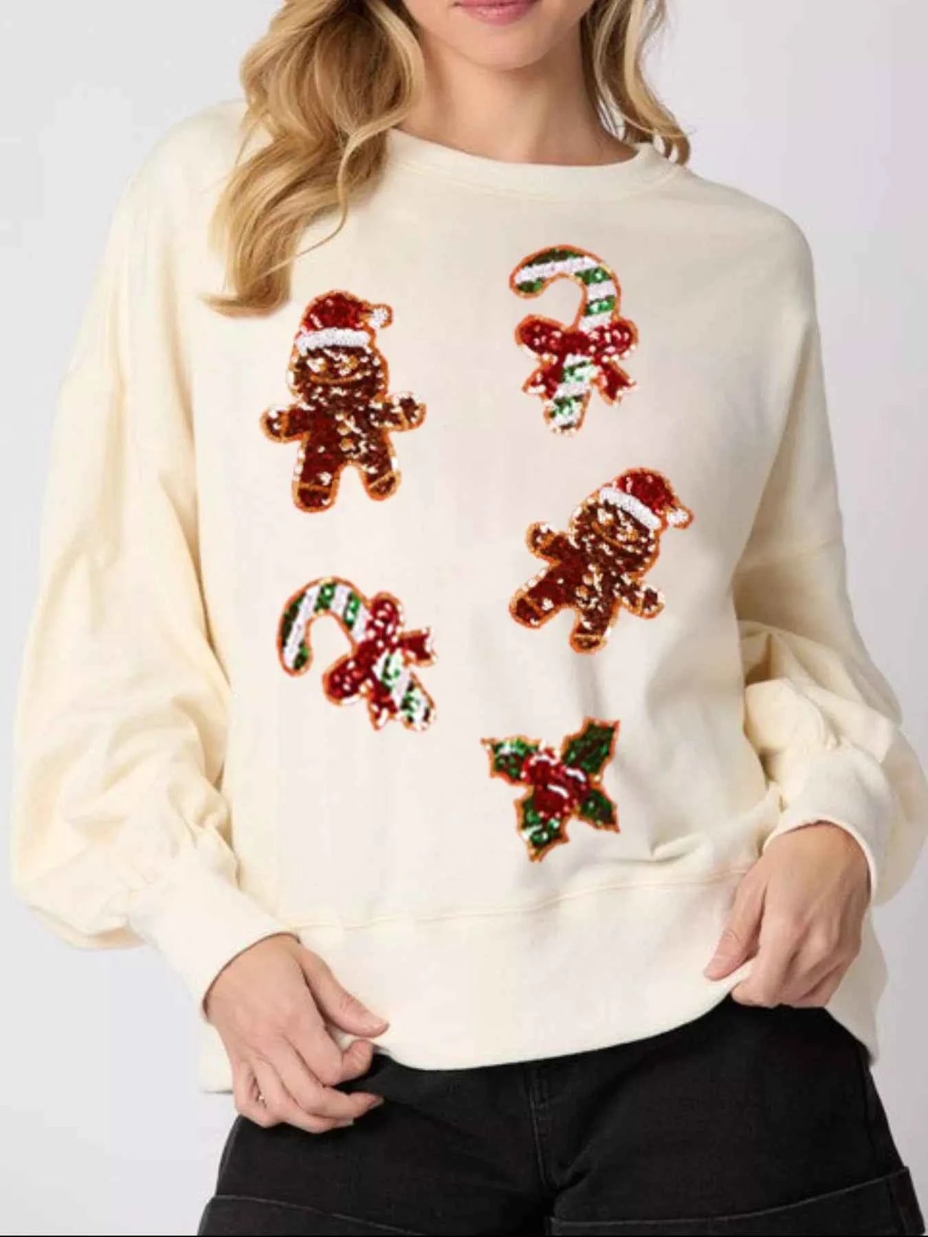 Christmas Holiday Sequined Gingerbread Sweatshirt White dd5e309d-61cf-42aa-b19f-4d426a6196d1-Max-Origin