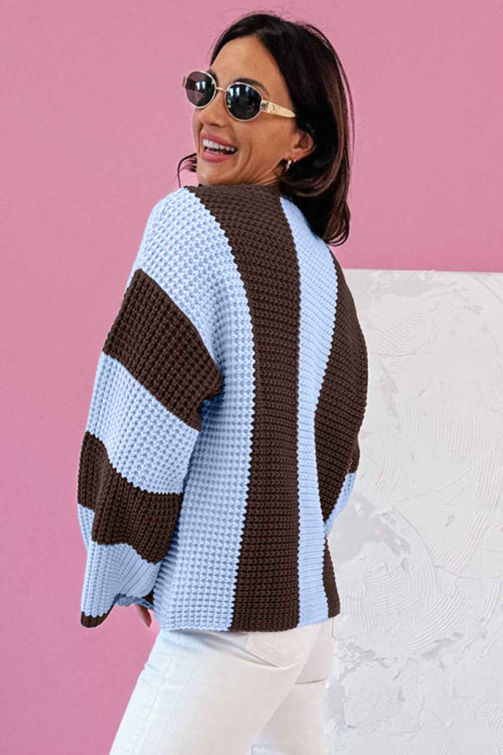 Myosotis Striped Color Block Thermal Textured Knit Drop Shoulder Sweater dd644fb214b2da70