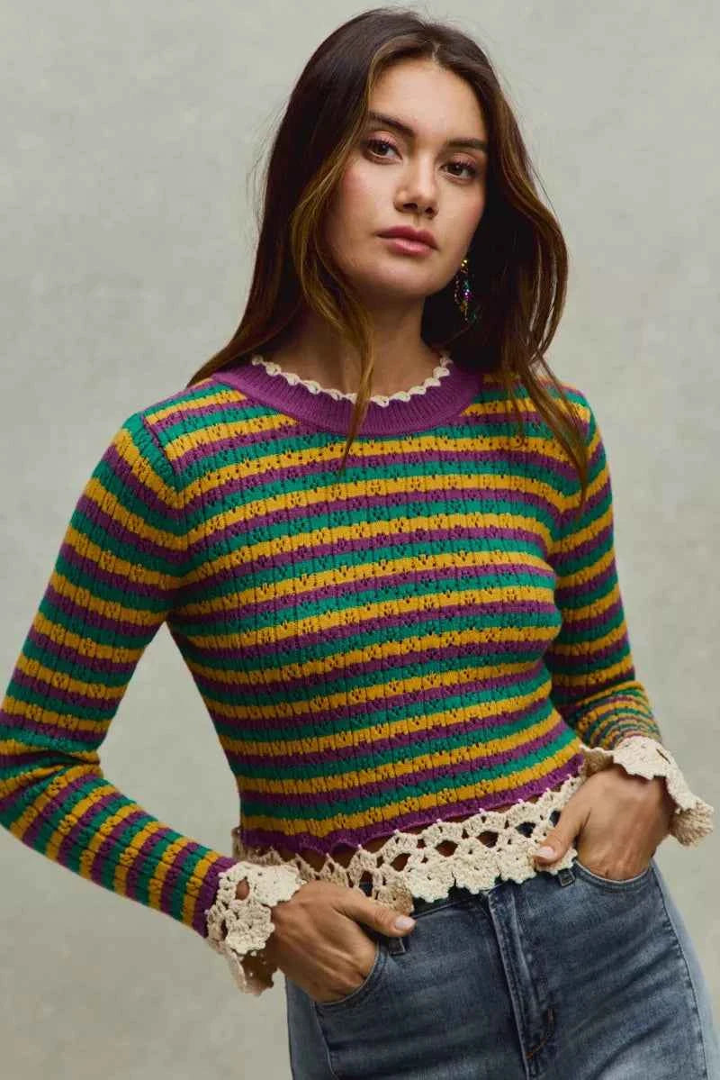 SO ME Mardi Gras Striped Cropped Knit Top with Crochet Edge dd67ea12ab0649fe8c61c41d96b61bf3-Max-Origin