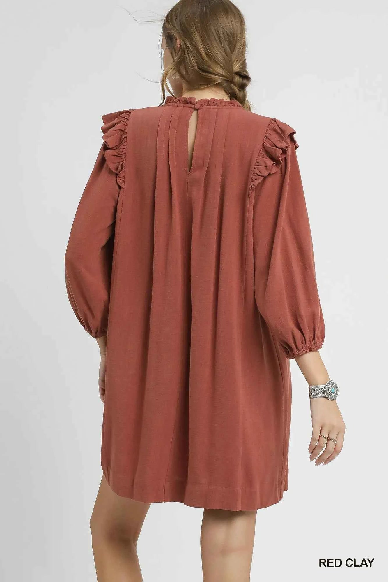 Linen Ruffle Shoulder Pleated Babydoll Dress dd6bafc2-2b7c-4458-a740-f68e027b5d23-Max-Origin