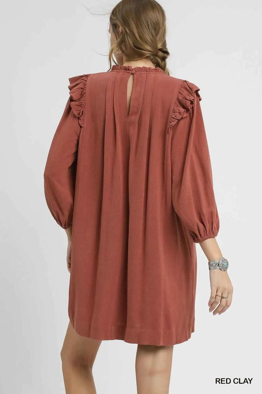 Linen Ruffle Shoulder Pleated Babydoll Dress dd6bafc2-2b7c-4458-a740-f68e027b5d23-Max-Origin