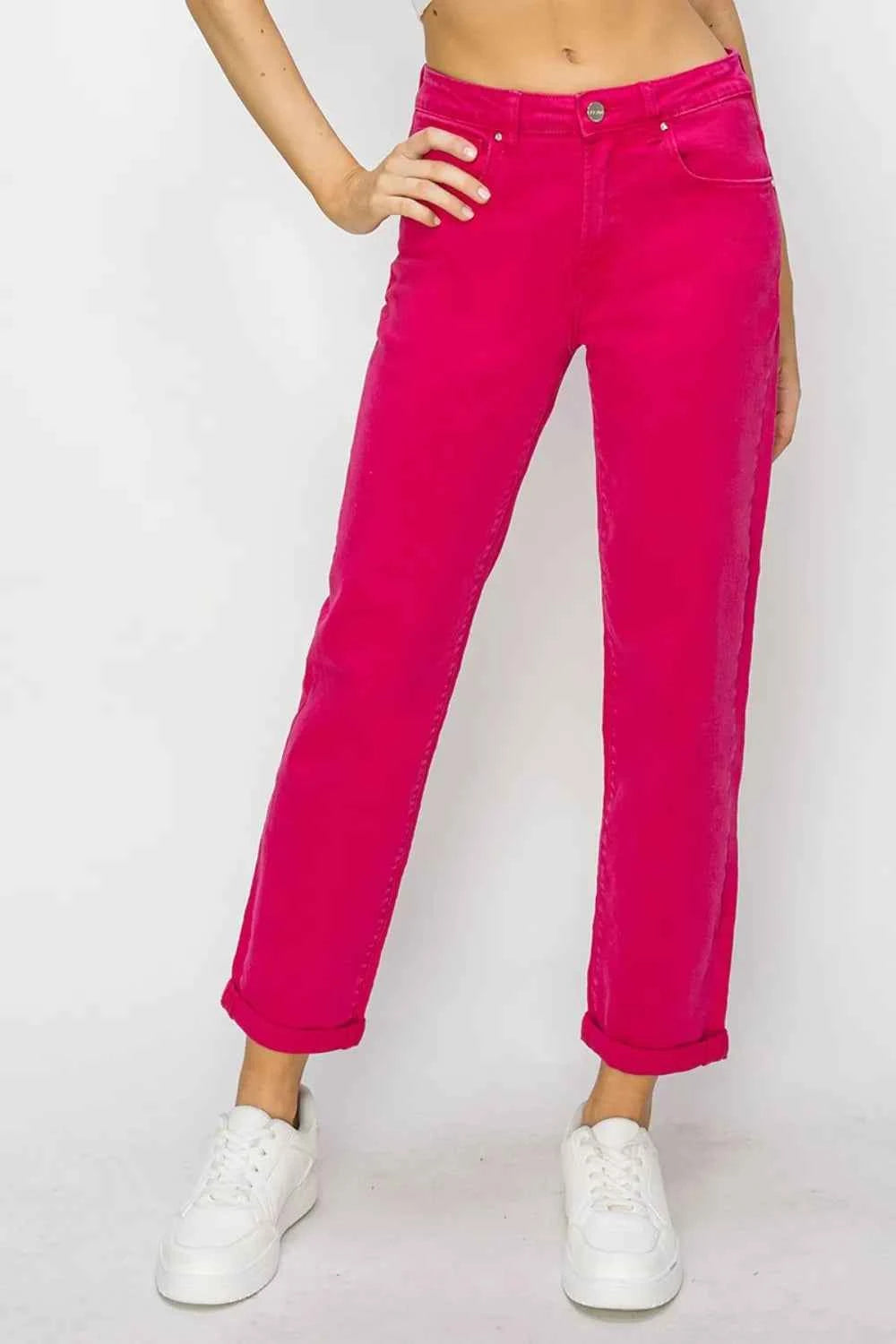 RISEN High Waist Rolled Hem Straight Jeans FUCHSIA dd6cef46-1dcd-4633-9120-e9977d2a2b57-Max