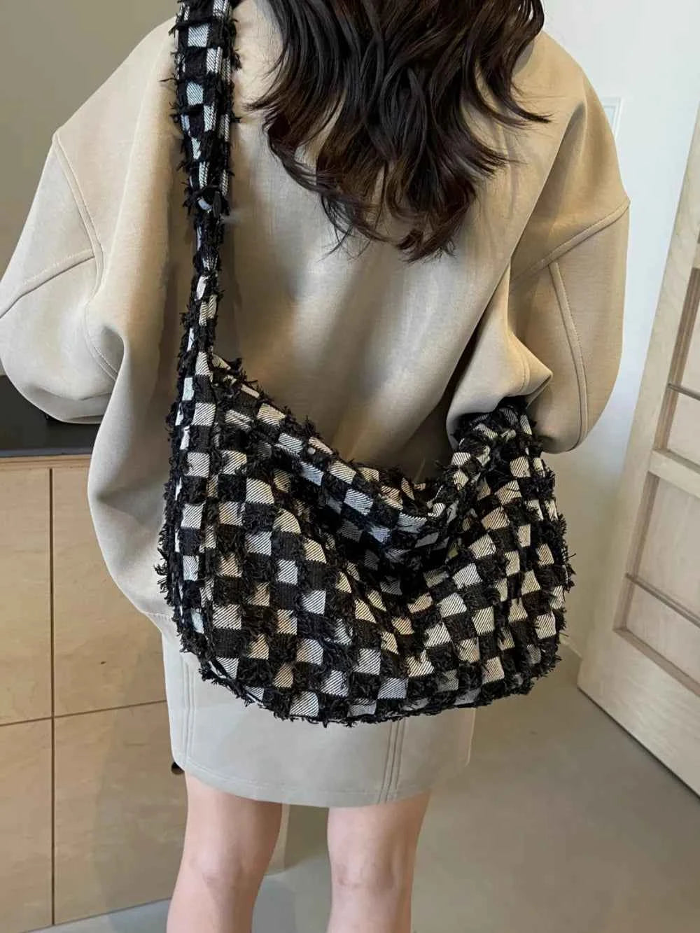 Checkered Raw Edge Denim Shoulder Bag dd6f23b5-a28a-405a-a973-3cb3f39dd4ce-Max