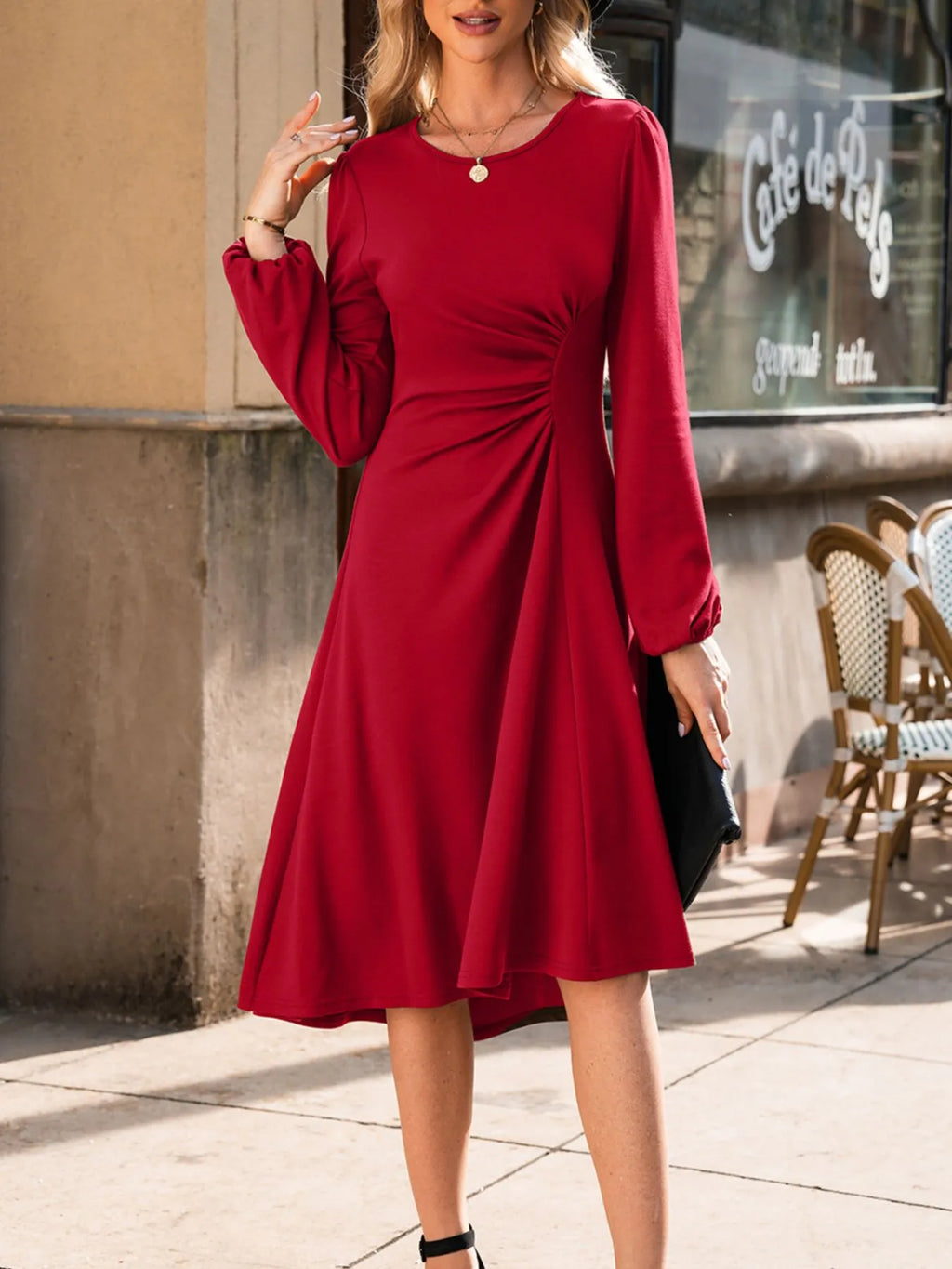 Solid Color Ruched Detail Long Sleeve Midi Dress dd71a365-6ac3-4a8c-ad8a-828be3df0260-Max-Origin