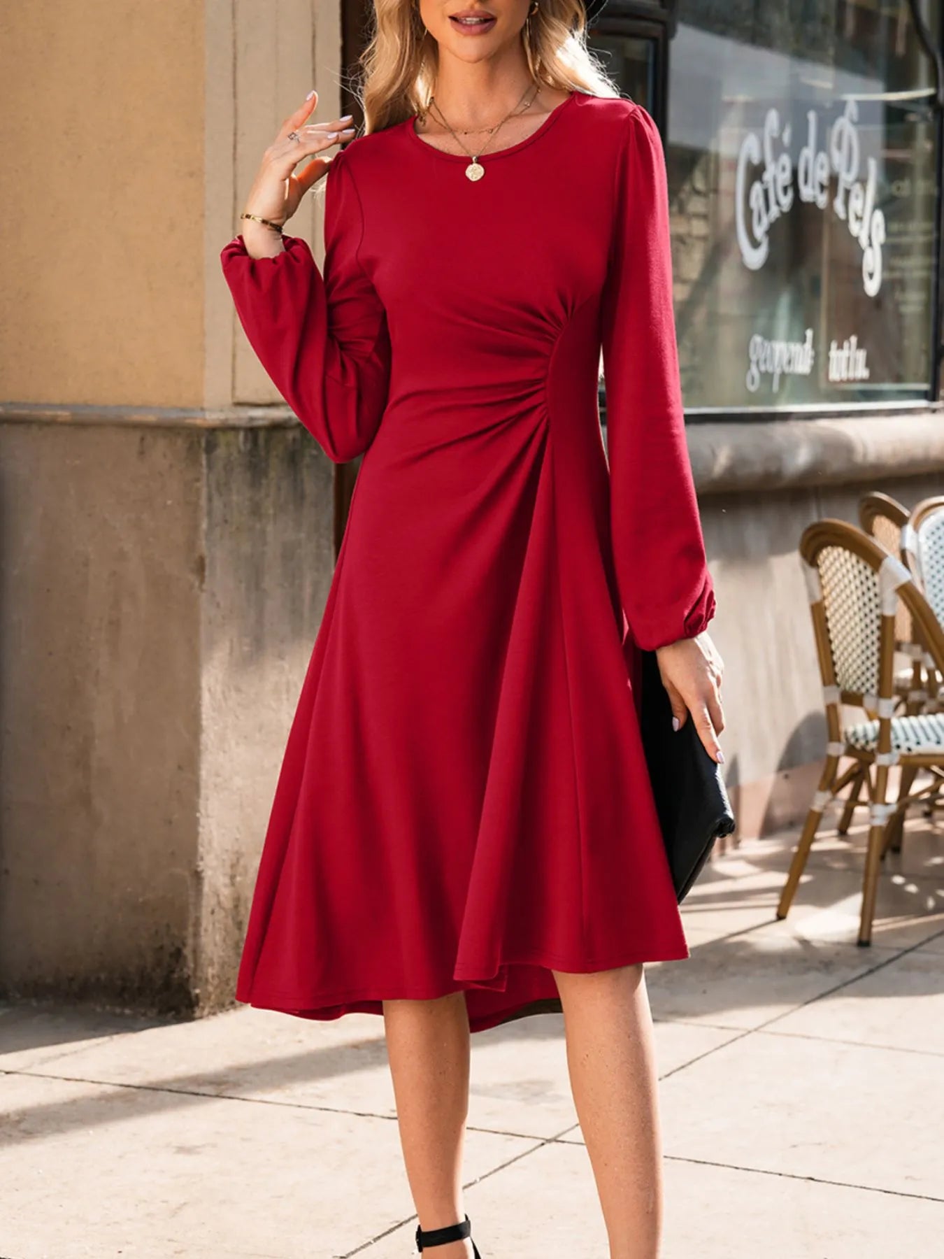Solid Color Ruched Detail Long Sleeve Midi Dress dd71a365-6ac3-4a8c-ad8a-828be3df0260-Max-Origin