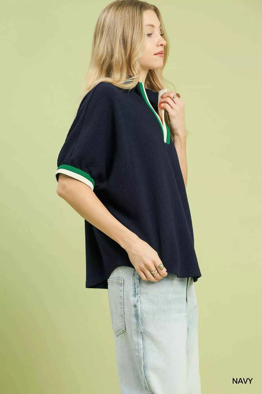 Textured Knit Top with Striped Contrast Trim dd7612ec-d7b1-4b1a-b48c-51234098a106-Max-Origin