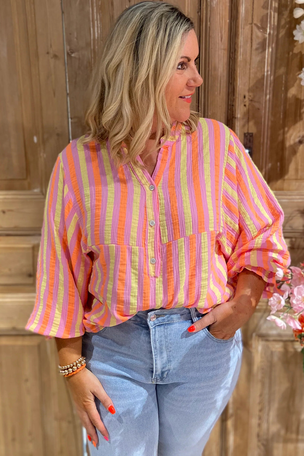 Pink Striped Crinkled Buttons V Neck Plus Size Blouse dd767b6072ea2060