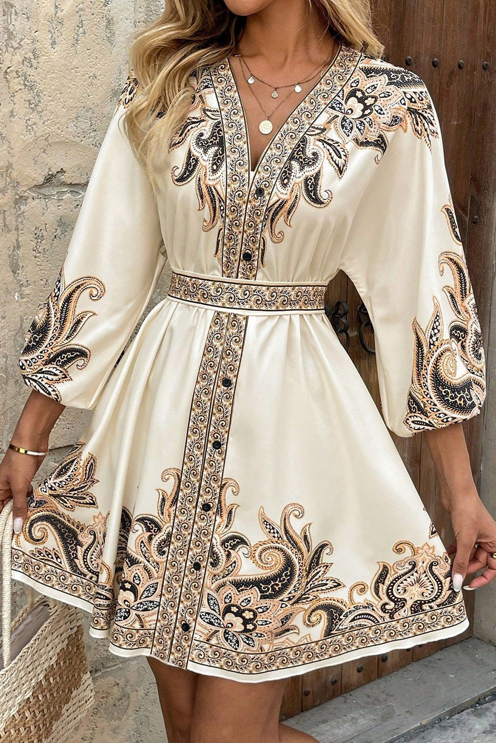Beige Paisley Print V Neck Bracelet Sleeve Vacation Mini Dress Beige dd7932ef8389f422