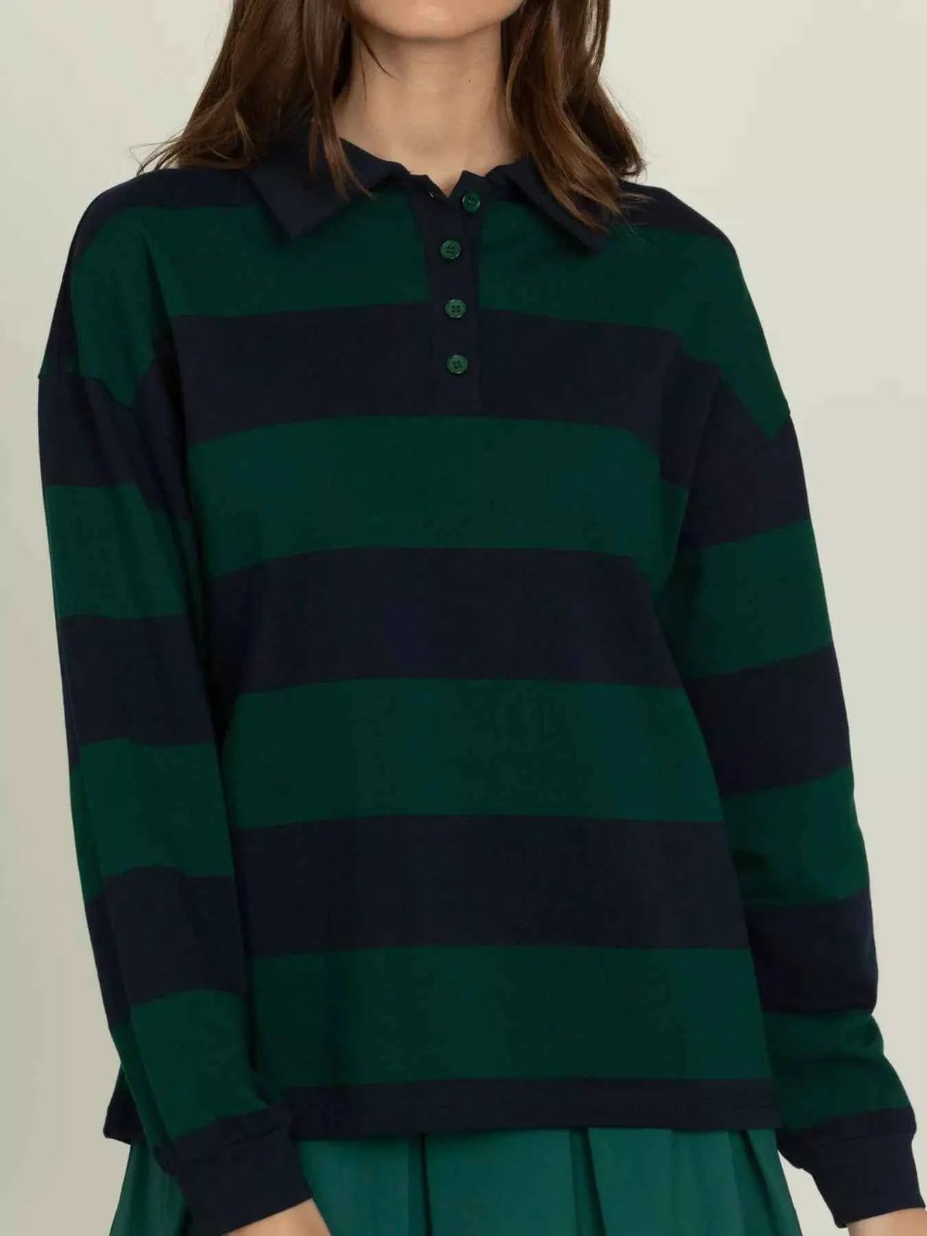Striped Polo Collar Sweatshirt with Button Details Black Forest dd79c6d3-80cd-4457-baf3-72ff14cf5984-Max-Origin