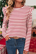 Red Striped Ruffle Shoulder Long Sleeve Top Red Stripe 95%Cotton+5%Elastane dd7abf909b661f37