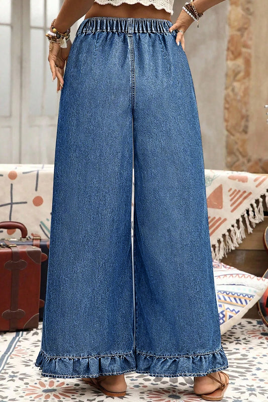 Sail Blue Plus Size Elastic Waist Ruffled Wide Leg Denim Pants dd81c27f182a51e0