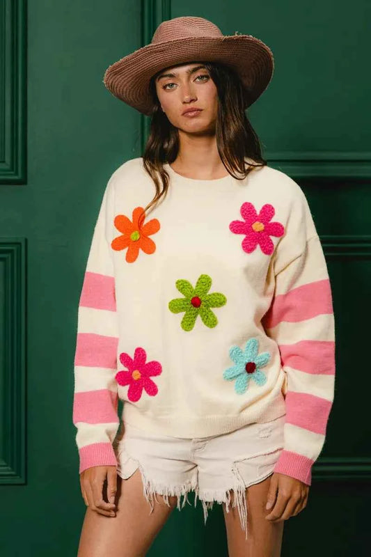 Colorful Floral Patched Sweater with Striped Sleeve dd84433abca842759373fc372c76204c-Max-Origin