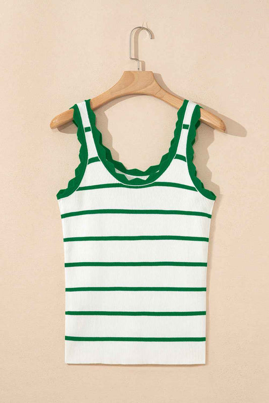 Bright Green Scalloped Edge Striped Ribbed Tank Top dd853d39cbf37162